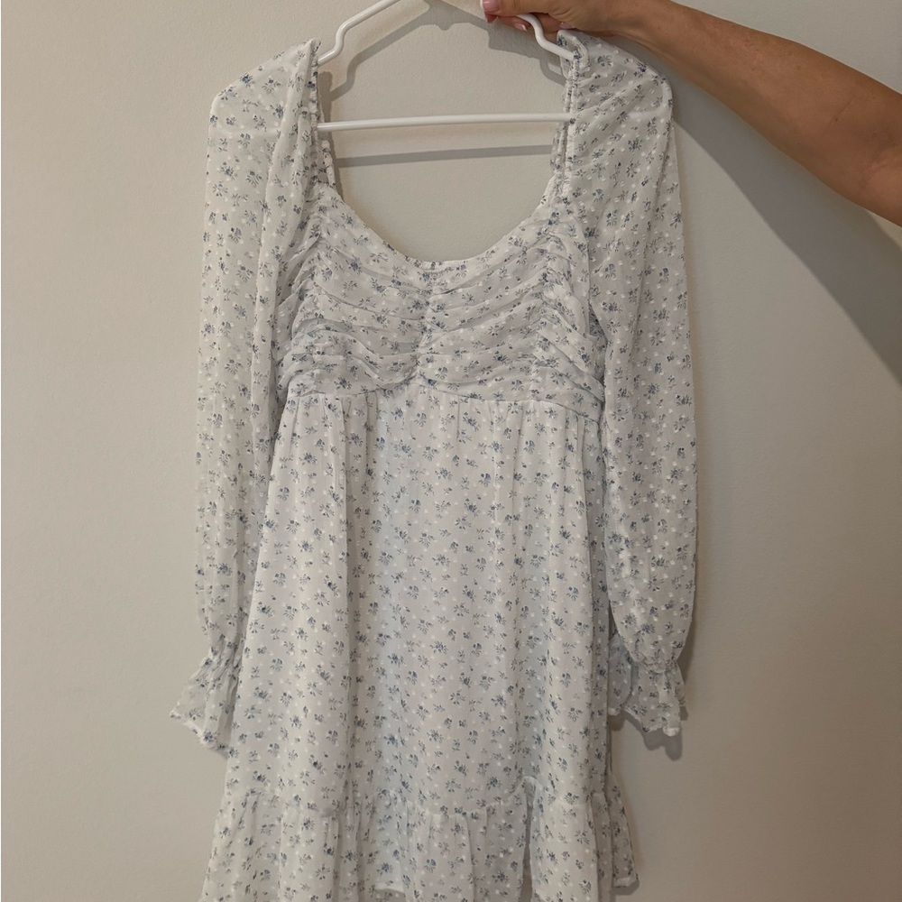 Hollister White and Blue Ruched Tiered Sundress